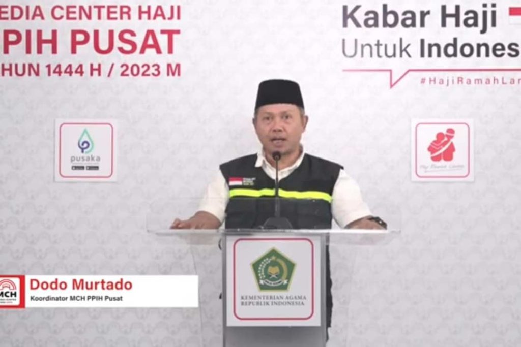 Dodo Murtado Koordinator MCH PPIH Pusat saat menyampaikan Keterangan pers di Asrama Haji Pondok Gede Jakarta, Jum'at siang, 04 Agustus 2023.