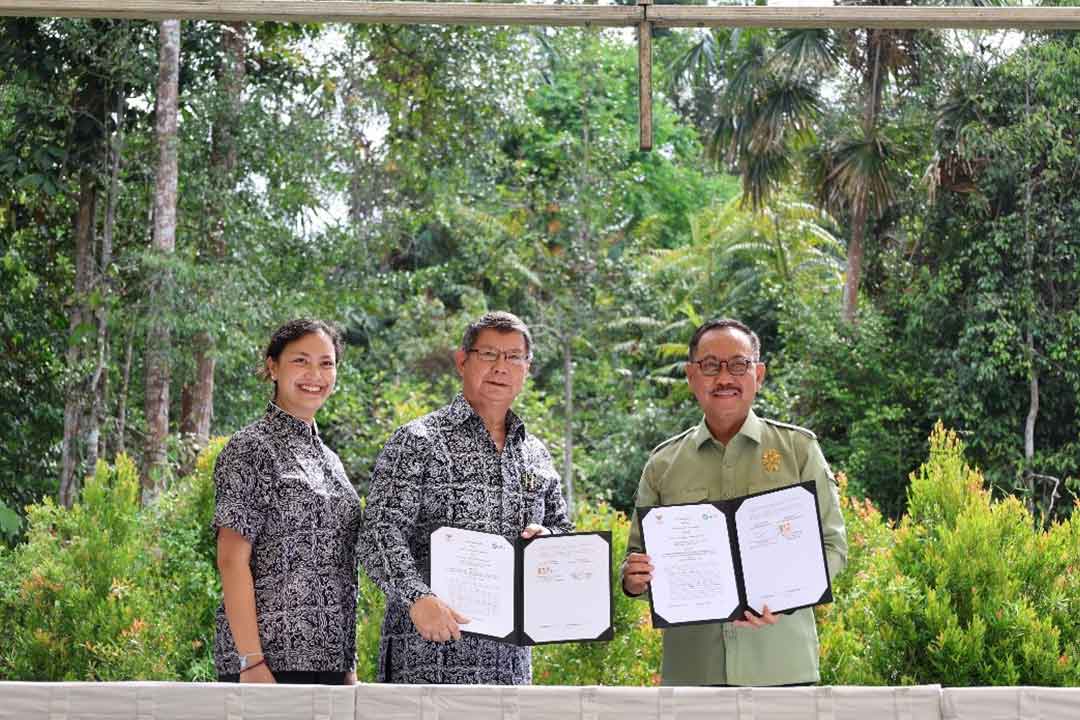 [dari kiri ke kanan] Indra Djojohadikusumo, Ketua YAD Hashim Djojohadikusumo, dan Kepala OIKN Bambang Susantono dalam Penandatanganan MoU antara OIKN dan YAD terkait Program Perlindungan dan Pengelolaan Kawasan Lindung di Ibu Kota Nusantara di Kawasan Wisata Alam Bukit Bangkirai pada Rabu (20/9/2023)