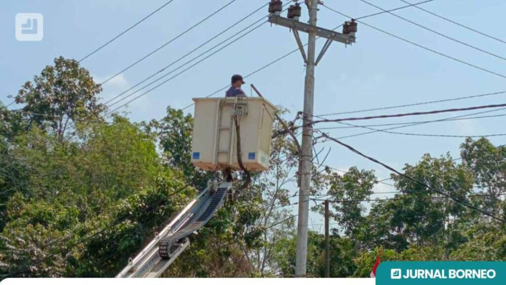 Pertugas Dishub Ketapang saat perbaiki lampu PJU - Agus Jb